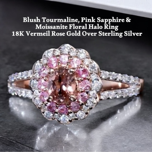 Blush Tourmaline, Moissanite Pink Sapphire Floral Ring 18K Vermeil Rose  Gold